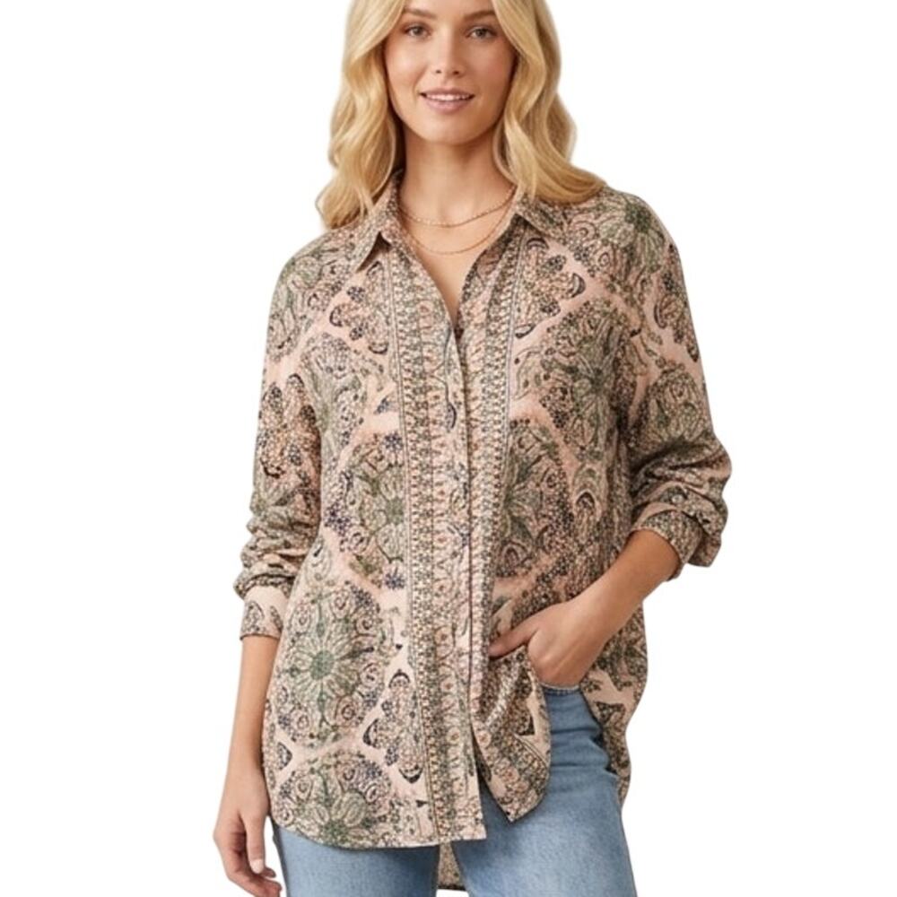 Nostalgia Romantic Top Womens Size XL Peach Paisley High Low Button Down Shirt